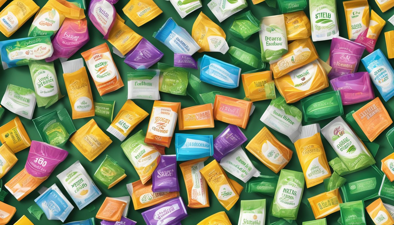 A colorful array of natural and artificial sweeteners, from stevia leaves to sugar packets, arranged in a harmonious display