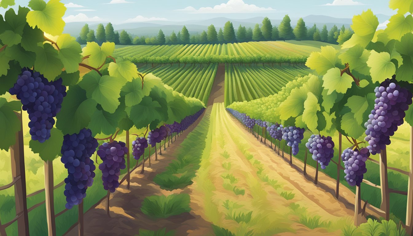 A vineyard with rows of grapevines ranging from green to ripe, showcasing the varietal influences on sweetness