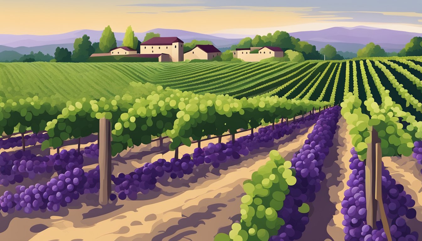 A vineyard with rows of grapevines in varying stages of ripeness, from tart green to deep purple, with a winery in the background