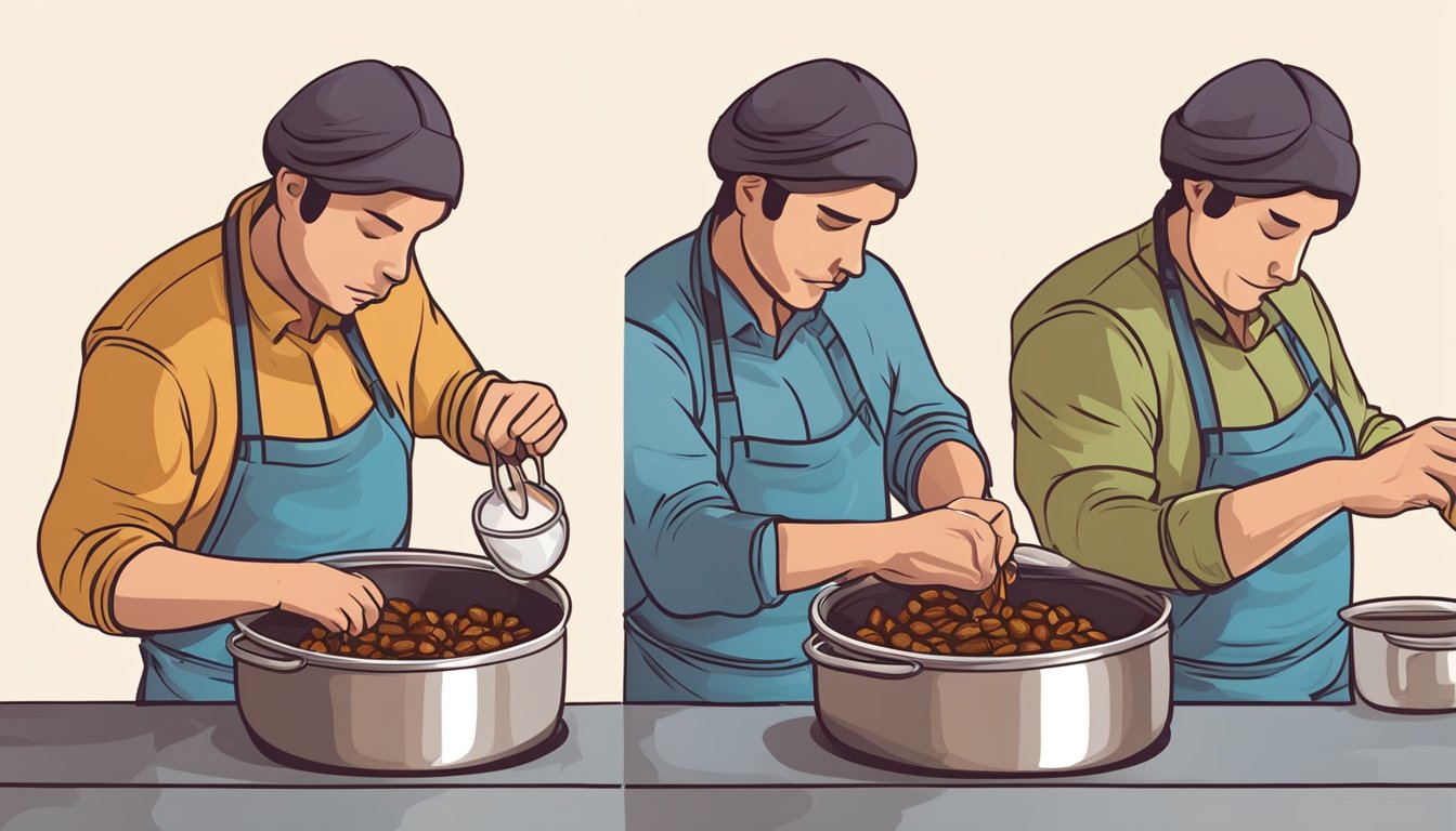 A person boiling dates in water, then straining and mashing them to create a thick, sweet syrup