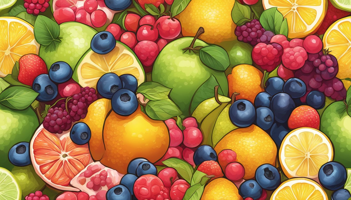 A colorful array of fruits, from tangy lemons to luscious berries, arranged in a gradient of sweetness