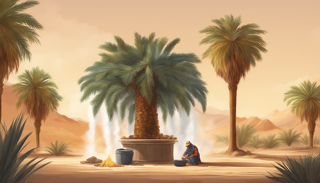 A date palm tree stands in a desert oasis, with a figure collecting dates and boiling them down into syrup over an open fire