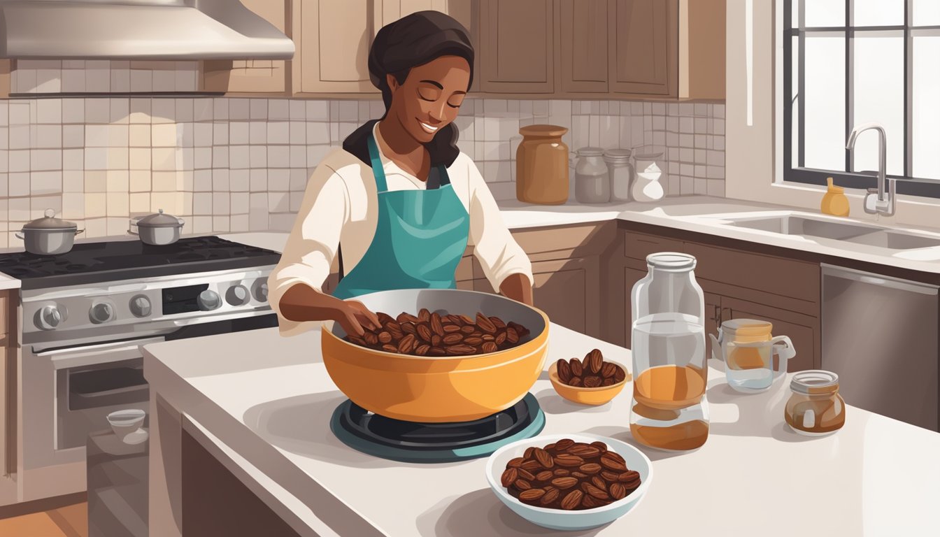 A person pouring dates into a pot of boiling water, with a jar of syrup and a bowl of dates on the counter