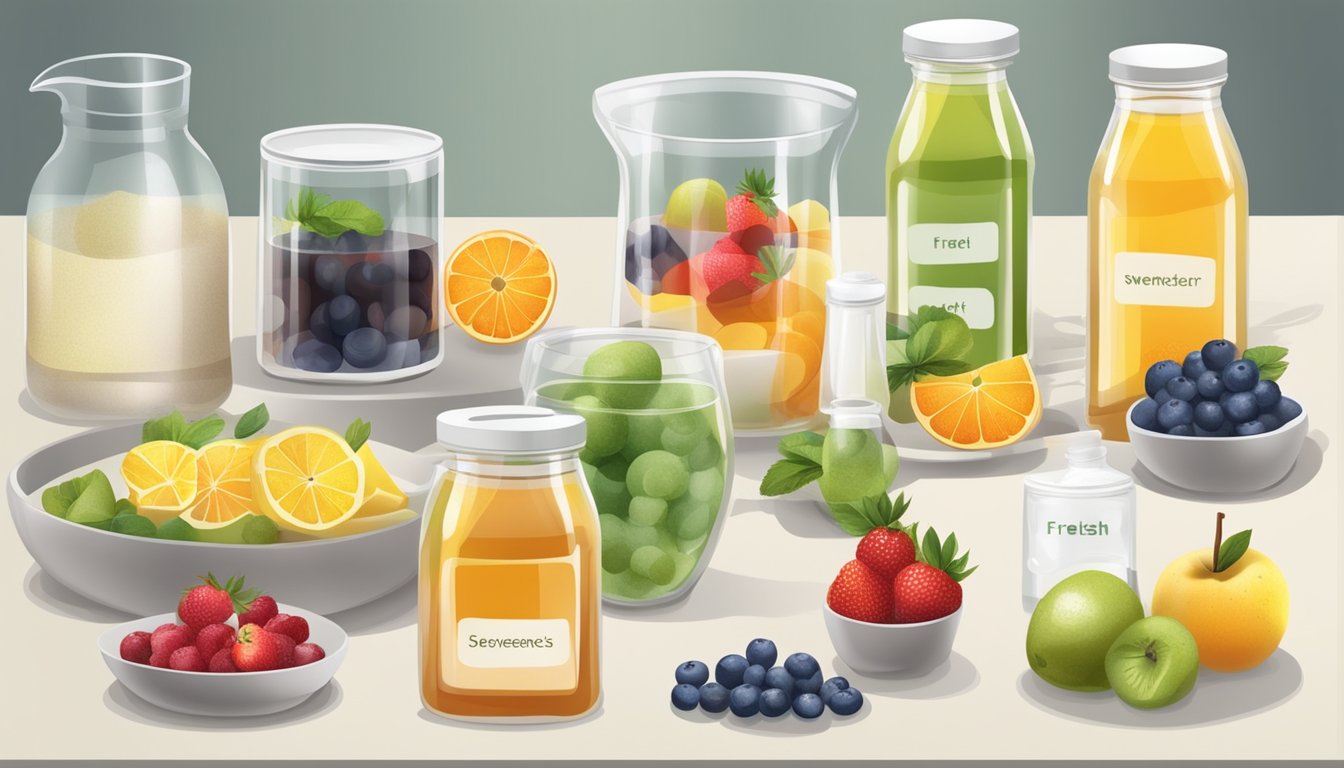 A table with various natural sweeteners in labeled containers, accompanied by fresh fruits and a glass of water for taste testing