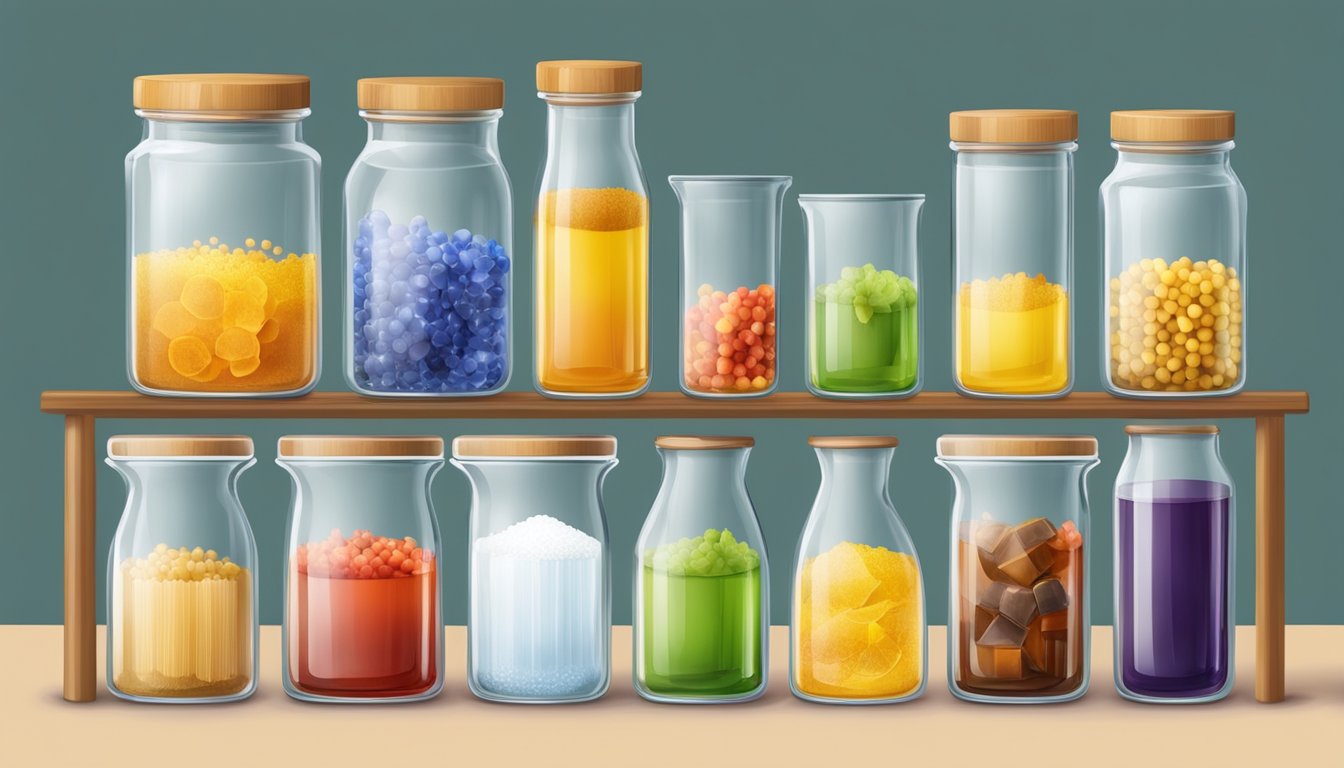 A variety of natural sweeteners in glass containers, with a set of beakers and test tubes for conducting taste tests