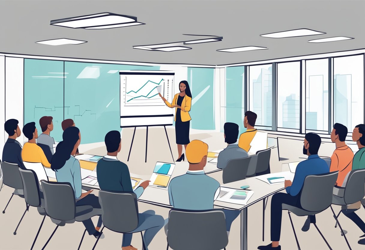 Sala szkoleniowa z tablicą, wykresami i materiałami do prezentacji. Grupa osób zaangażowanych w działania szkoleniowe z zakresu sprzedaży, z trenerem prowadzącym sesję.