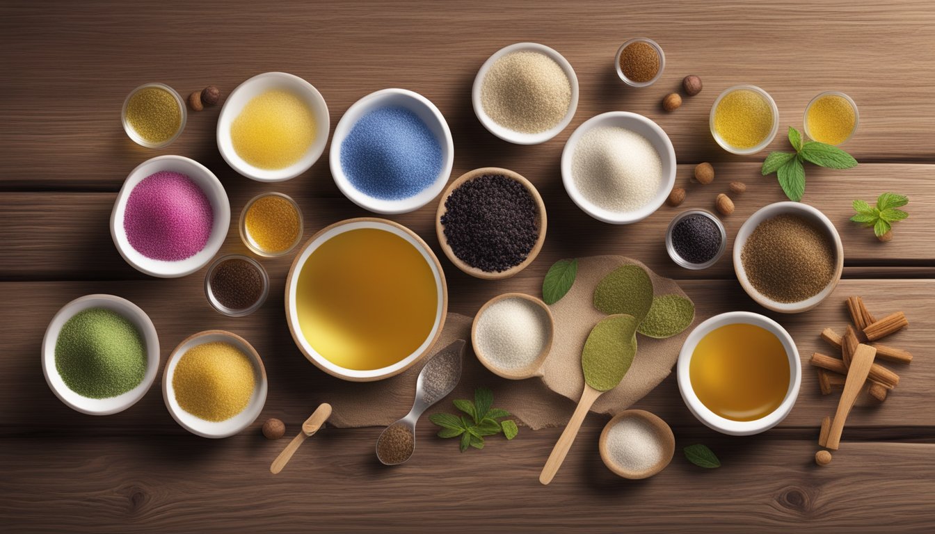 A variety of natural sweeteners arranged for taste testing on a wooden table