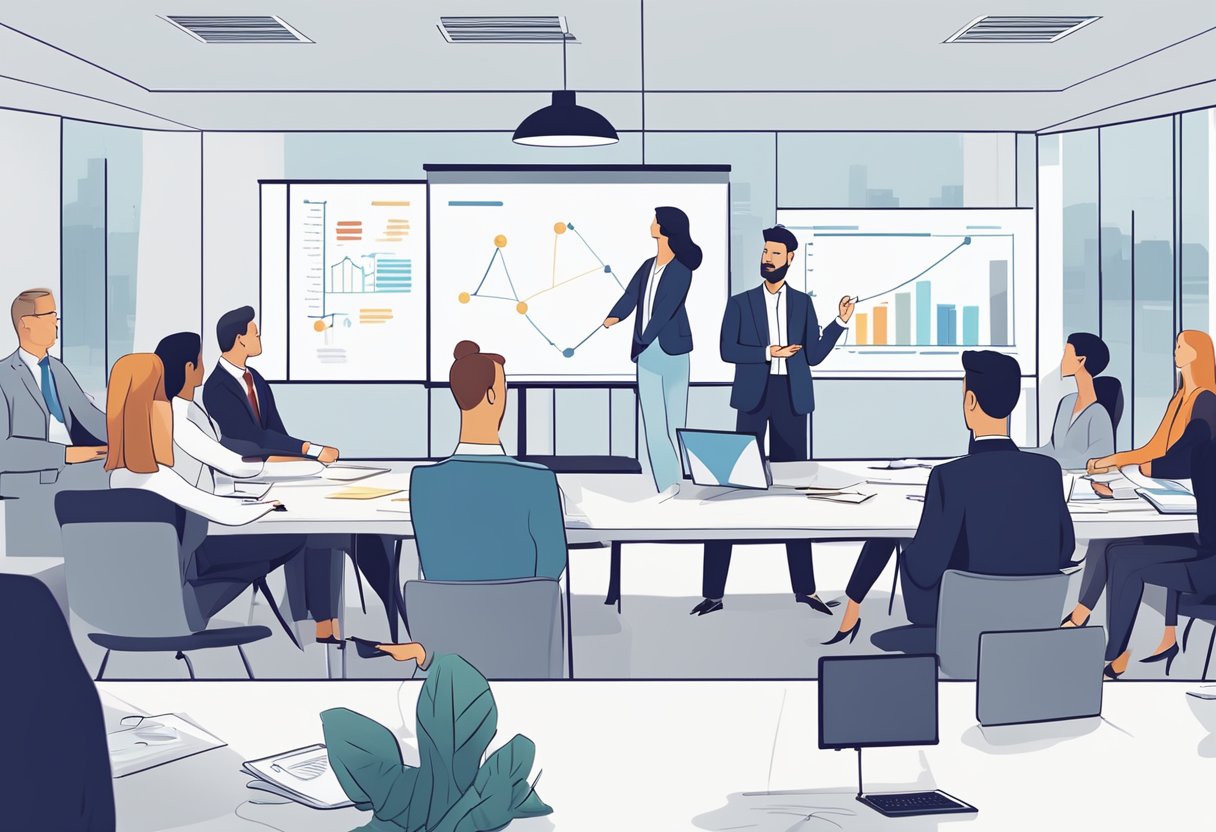 Sesja szkoleniowa z zakresu sprzedaży w nowoczesnym biurze z tablicą, wykresami i grupą zaangażowanych uczestników