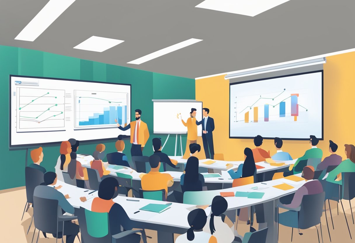 Sala szkoleniowa z tablicą białą wypełnioną diagramami technik sprzedaży, projektorem wyświetlającym wykresy oraz uczestnikami zaangażowanymi w zajęcia grupowe.
