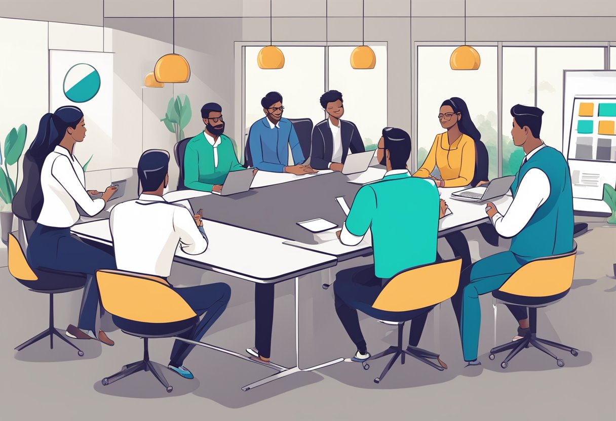 Grupa stażystów sprzedaży uczestnicząca w interaktywnych warsztatach, ćwiczeniach z odgrywaniem ról oraz działaniach rozwojowych umiejętności z wykorzystaniem nowoczesnej technologii