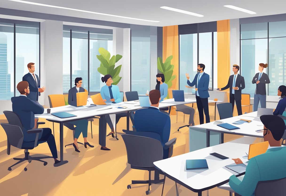 Grupa profesjonalistów sprzedaży angażuje się w różne działania szkoleniowe, w tym odgrywanie ról, prezentacje i ćwiczenia rozwoju umiejętności w jasnej i nowoczesnej sali szkoleniowej.