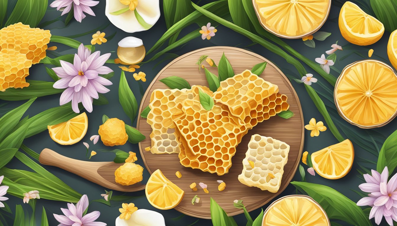 A hand-picked selection of fresh honeycomb and raw sugar cane, surrounded by fragrant tea leaves and vibrant flowers