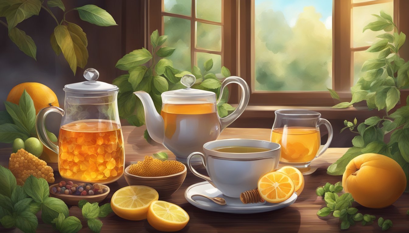 A steaming cup of tea surrounded by fresh fruits, herbs, and honeycomb, with a warm and inviting atmosphere