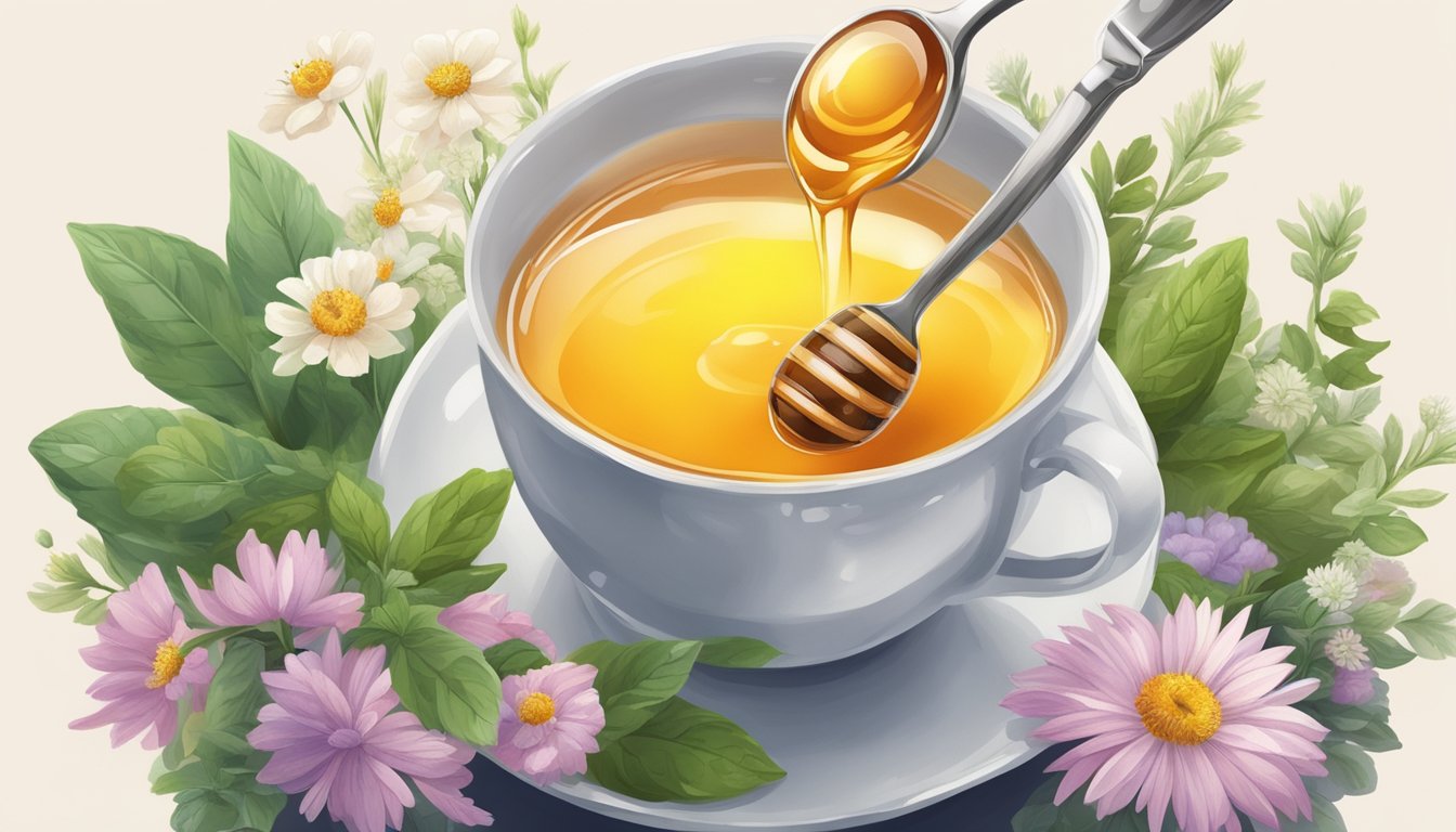 A steaming cup of tea with a spoonful of honey being drizzled into it, surrounded by fresh herbs and flowers