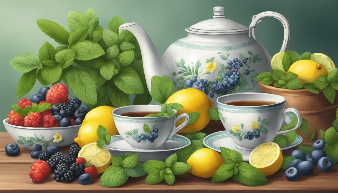 A tranquil garden scene with a variety of fresh herbs and fruits, including mint, lemon, and berries, arranged around a teapot and cup of tea