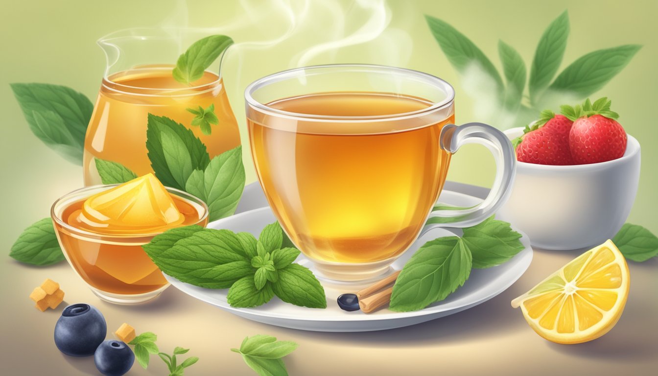 A steaming cup of tea surrounded by a variety of natural sweeteners such as honey, stevia, and agave nectar, with fresh fruit and herbs in the background