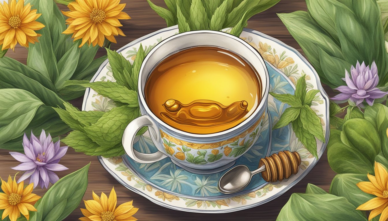 A steaming cup of tea surrounded by honey, agave, and stevia plants