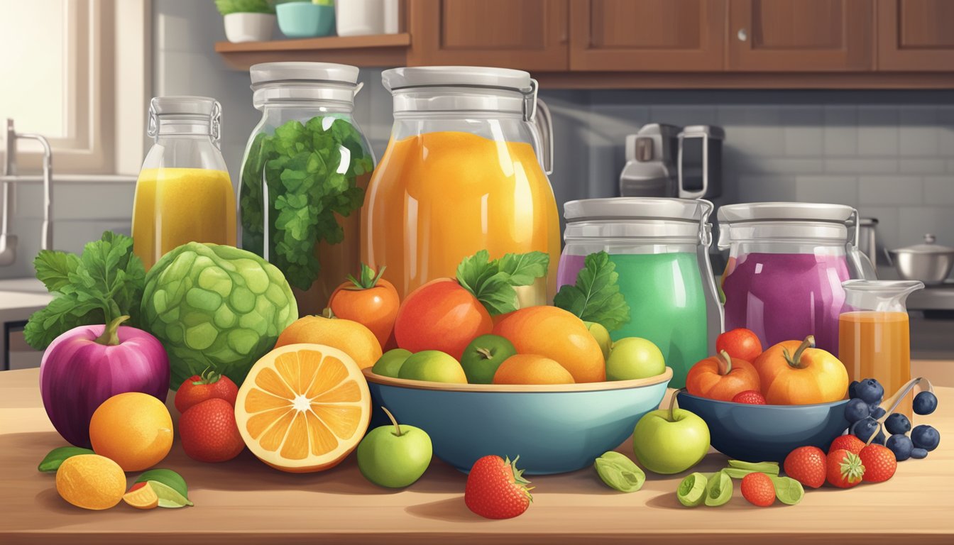 A colorful array of natural sweeteners, fruits, and vegetables arranged on a kitchen counter, with a scale and measuring cups nearby