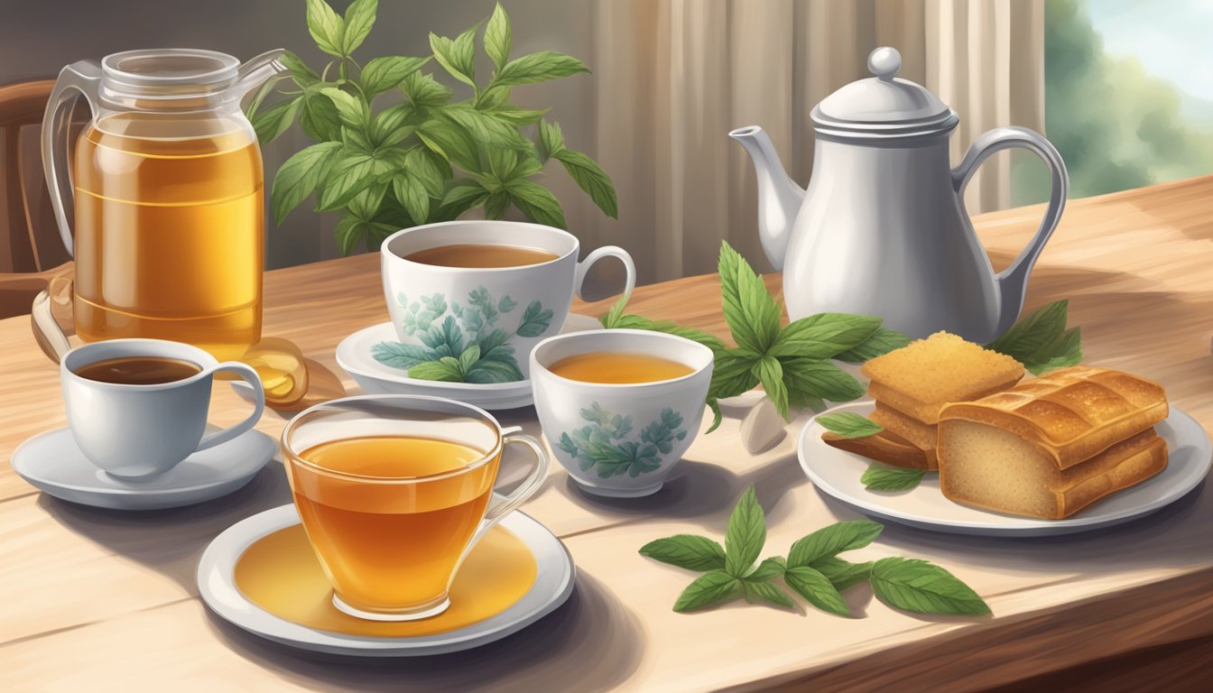 A cozy kitchen table set with a steaming cup of tea, accompanied by a variety of natural sweeteners such as honey, stevia, and agave nectar