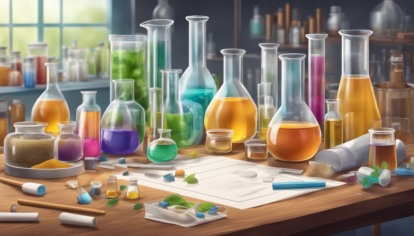 A laboratory table with beakers, test tubes, and various natural sweeteners, surrounded by scientific equipment and research papers