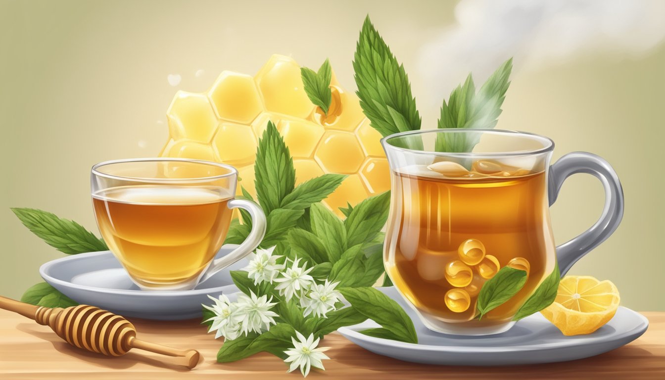 A steaming cup of herbal tea surrounded by honey, stevia, and agave nectar