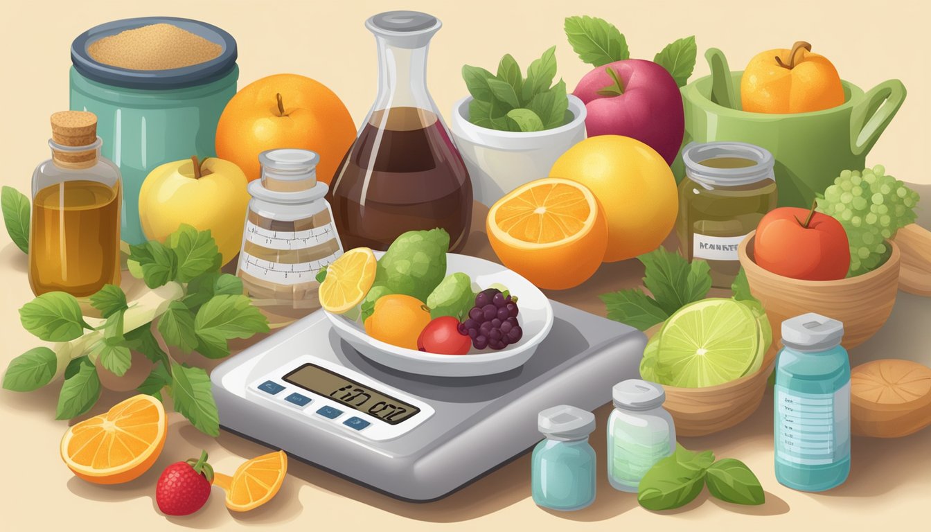 A variety of natural sweeteners displayed next to a scale and measuring tape, surrounded by fruits and vegetables