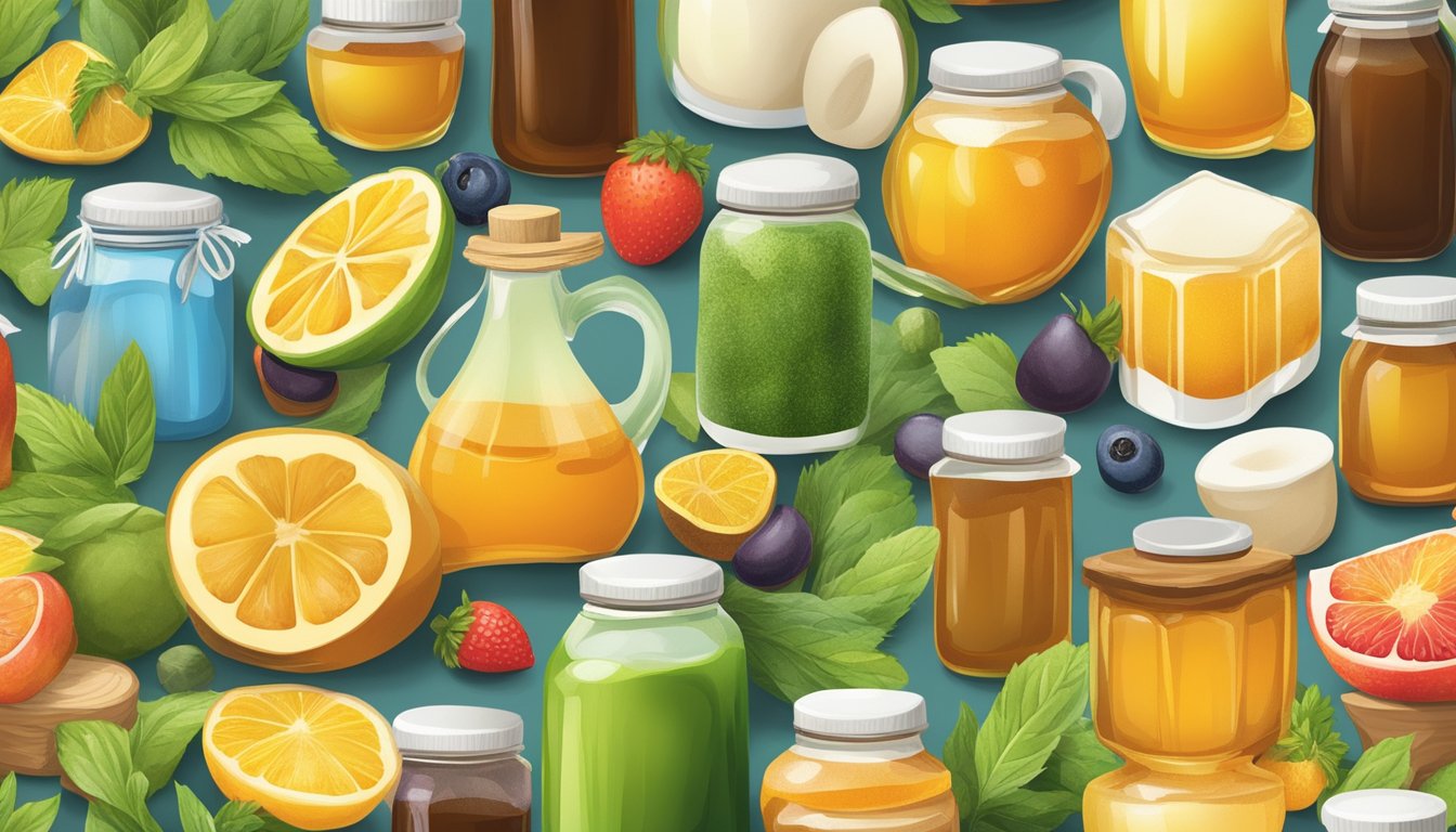 A colorful array of natural sweeteners, such as honey, stevia, and maple syrup, displayed alongside fresh fruits and vegetables