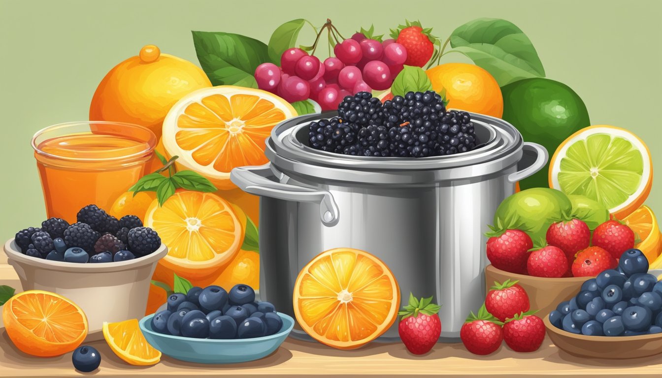 A colorful array of fresh fruits, such as berries and citrus, are being simmered in a pot, releasing their natural pectin to create homemade jams and jellies