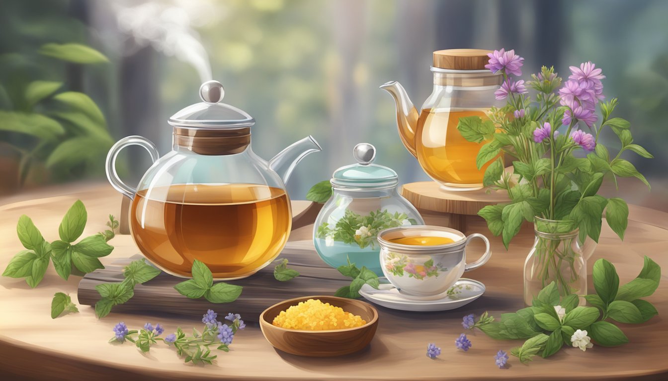 A wooden table set with a delicate teapot, assorted natural sweeteners in glass jars, and a steaming cup of tea surrounded by fresh herbs and flowers