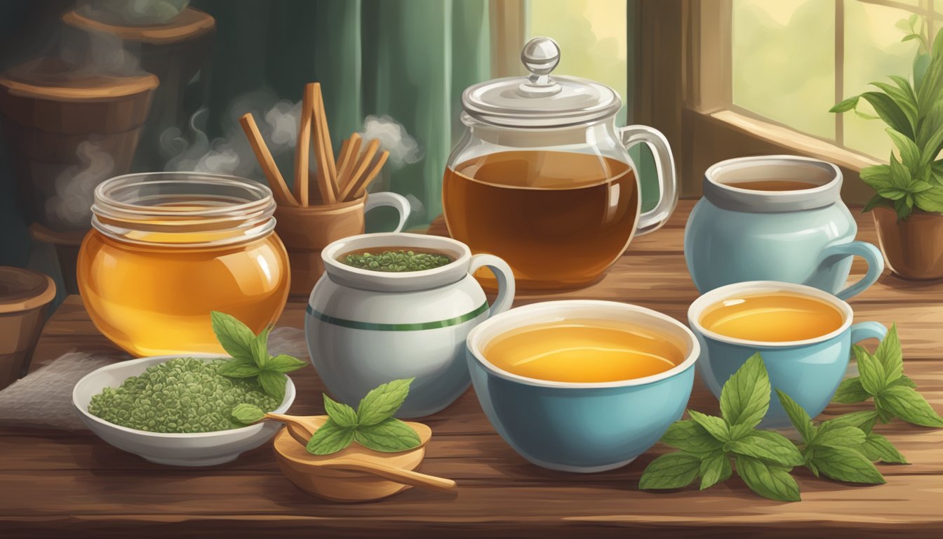 A cozy teatime scene with a steaming cup of tea, surrounded by jars of natural sweeteners like honey, stevia, and agave on a rustic table