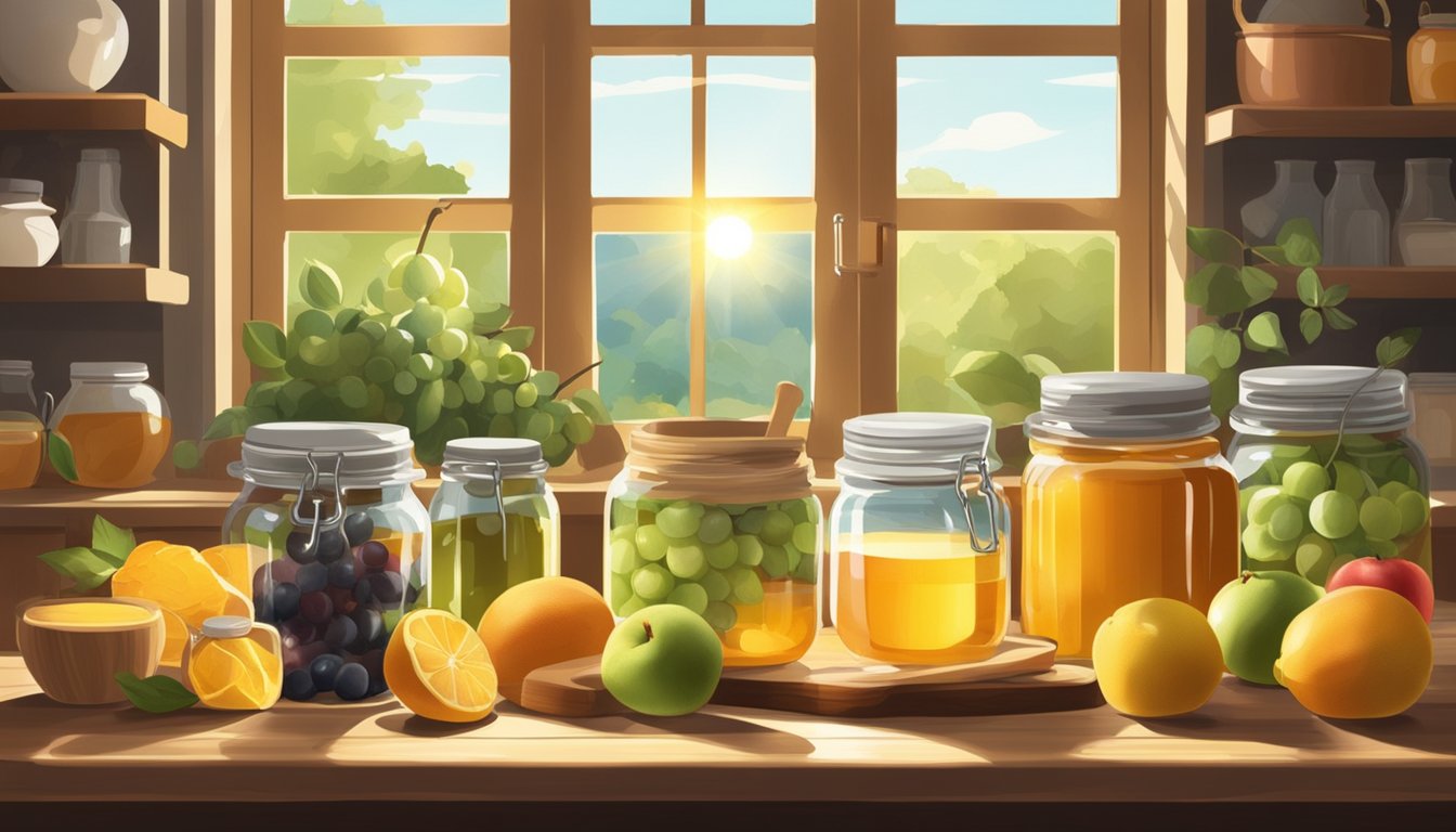 Fresh fruits and honey displayed on a wooden table, surrounded by jars and cooking utensils. Sunlight streaming through a window onto the scene