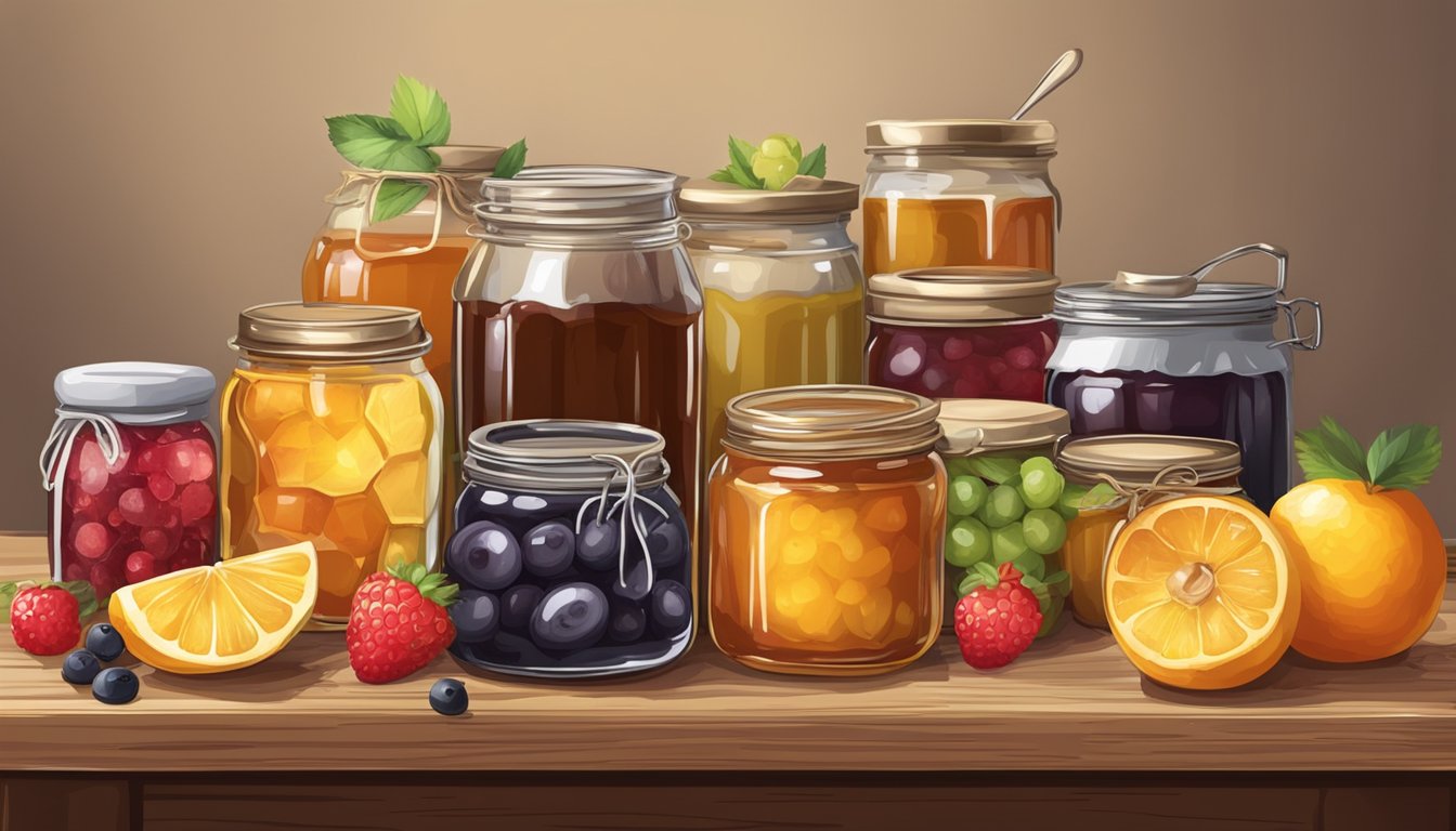 A rustic kitchen table with assorted fresh fruits, honey, and maple syrup, surrounded by jars of homemade jams and jellies