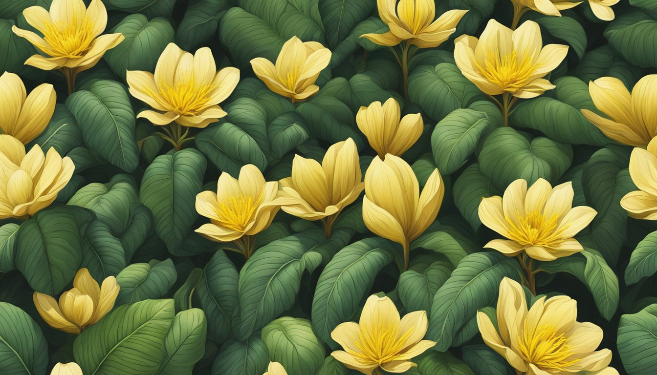 A lush yacon plant with large, heart-shaped leaves and tall, yellow flowers, surrounded by rich, fertile soil and dappled sunlight