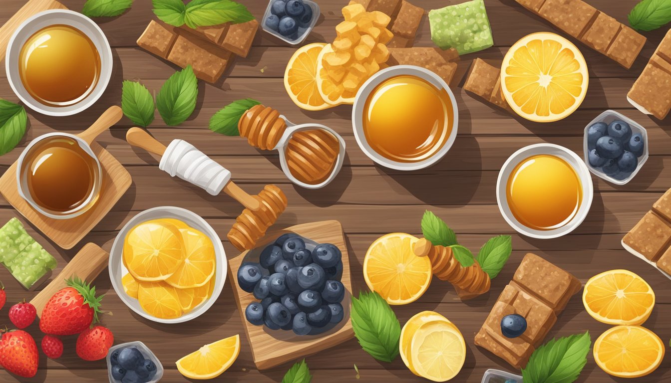 A variety of natural sweeteners (honey, maple syrup, stevia, etc.) surrounded by protein bars and fresh fruits on a wooden table