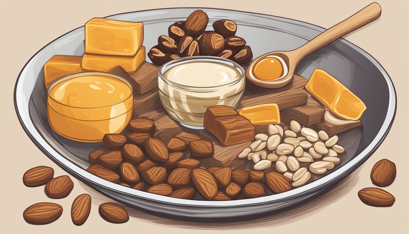 A variety of natural sweeteners such as honey, maple syrup, and dates are being mixed into a bowl of protein bar ingredients