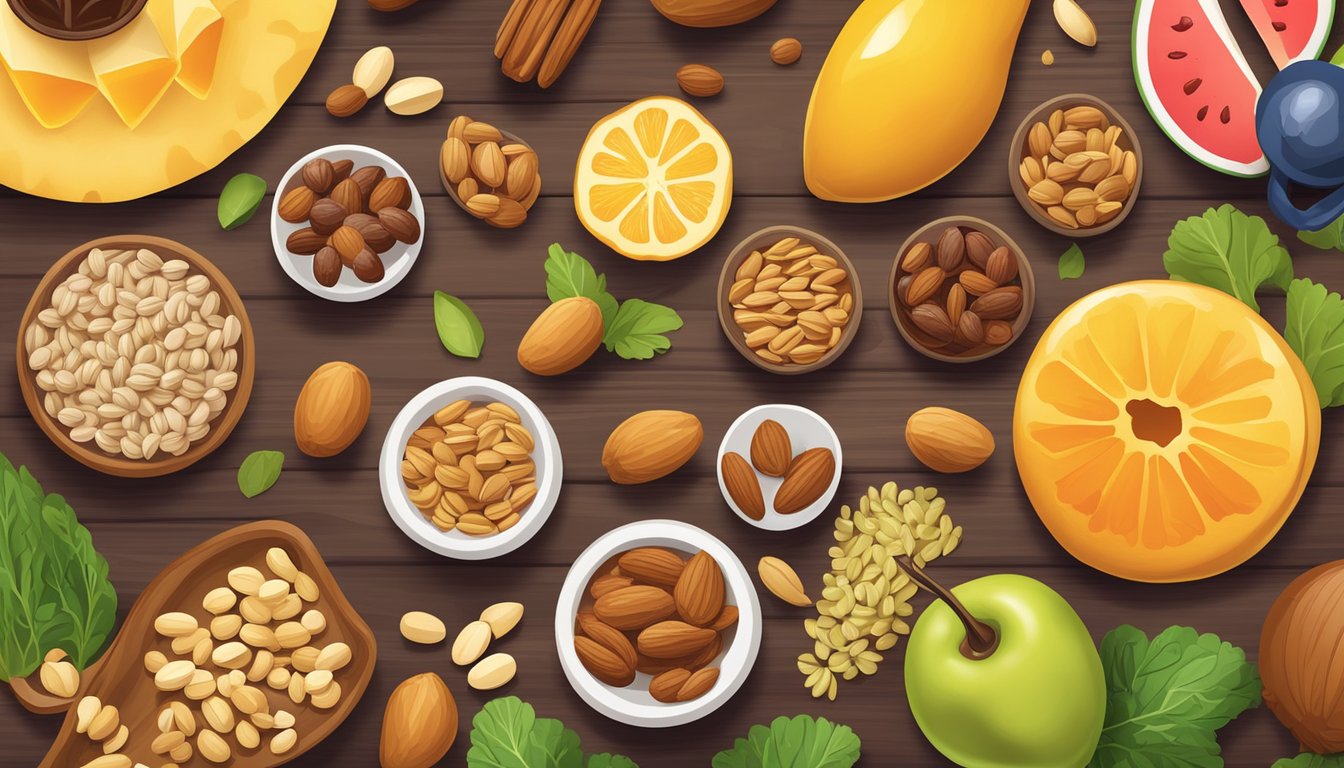 Various protein sources (nuts, seeds, soy) and complementary ingredients (honey, maple syrup, dates) displayed on a wooden table surrounded by vibrant fruits and vegetables