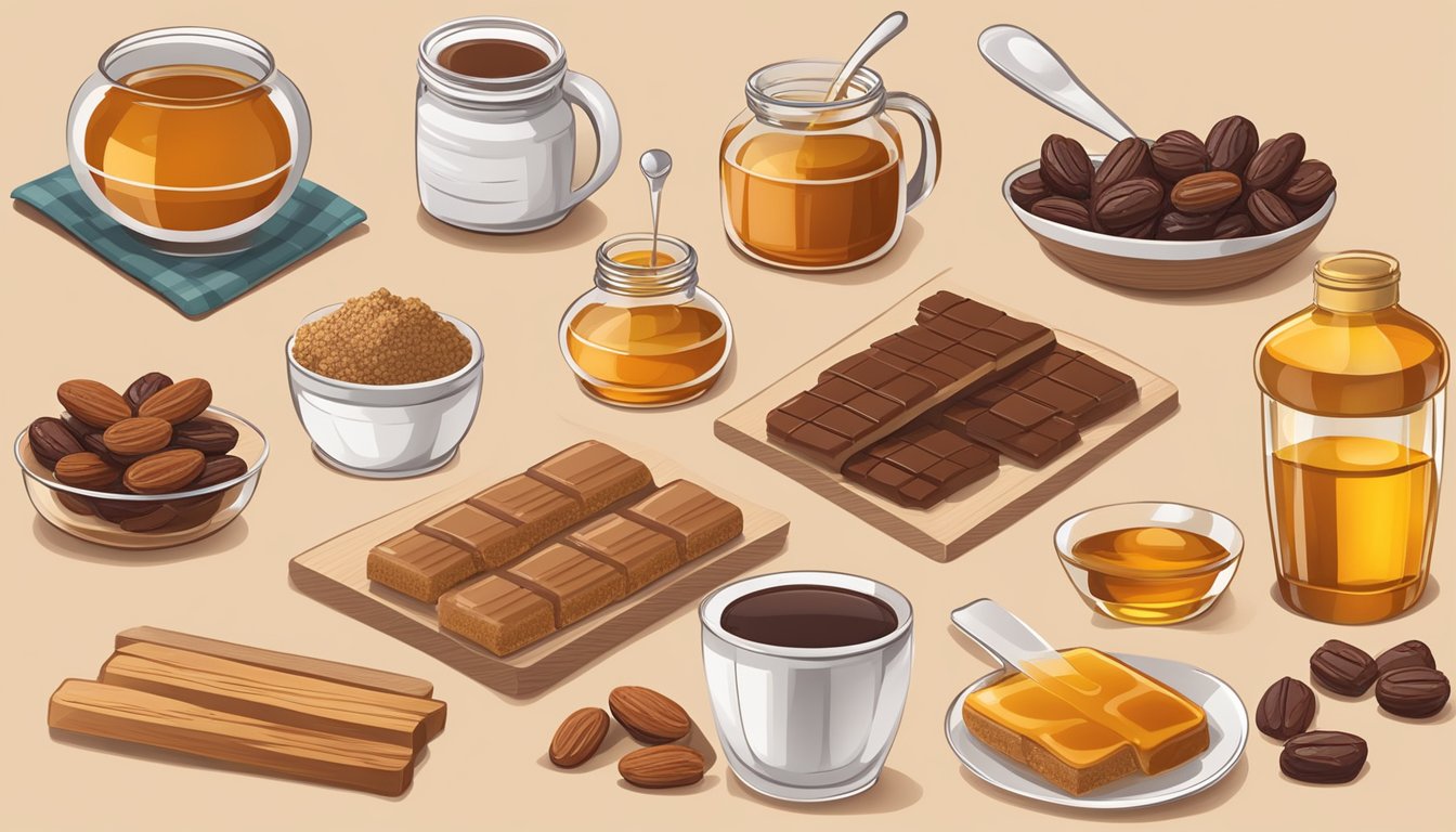 A variety of natural sweeteners like honey, maple syrup, and dates displayed alongside protein bars and ingredients