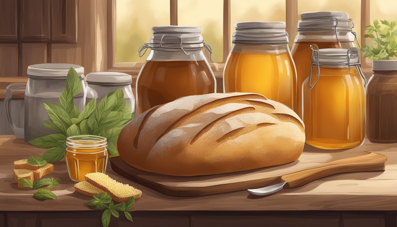 A rustic kitchen scene with a loaf of homemade bread surrounded by jars of natural sweeteners like honey, maple syrup, and stevia