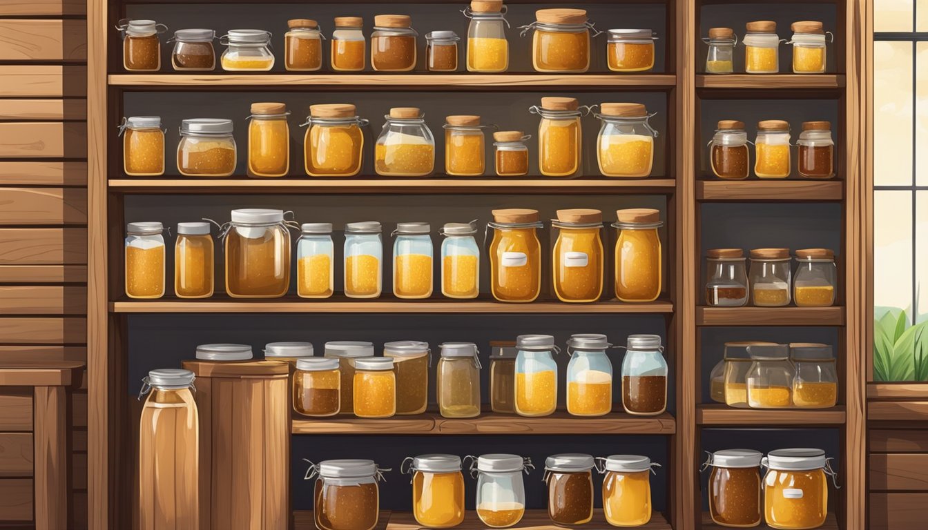 A rustic kitchen pantry with jars of honey, maple syrup, and stevia neatly organized on wooden shelves, alongside freshly baked loaves of bread