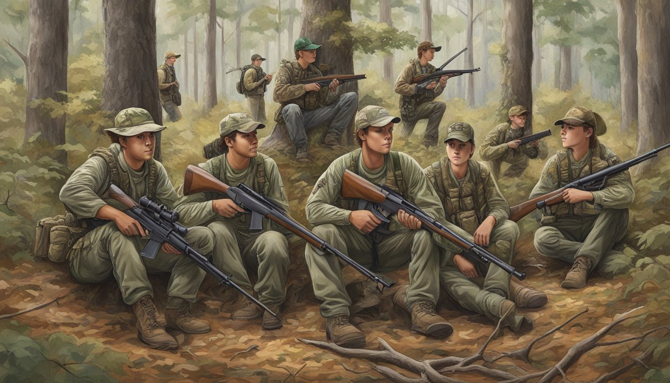 A group of young hunters in Alabama, with rifles and camouflage gear, surrounded by trees and wildlife