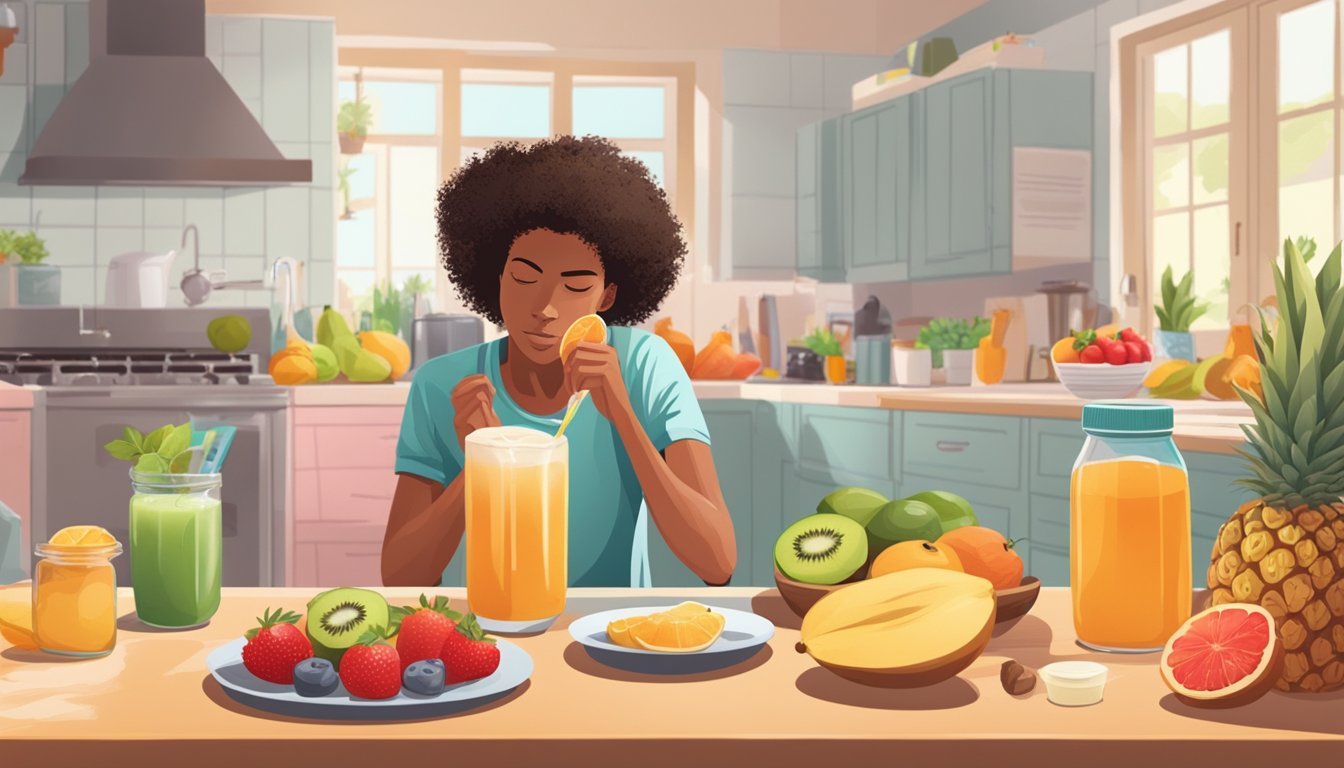 A runner consumes natural sweeteners before a long-distance run, surrounded by various fruits and natural sweetener options on a kitchen table