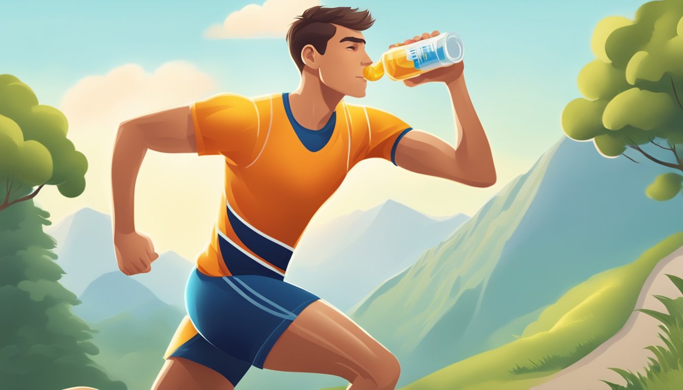 A runner drinking a sports drink with natural sweeteners during a long-distance run, with a focus on the energy and endurance benefits