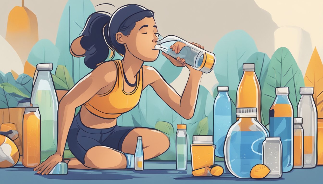 A runner sips from a water bottle with natural sweeteners, surrounded by sports equipment and a stopwatch. Sweat drips down their face as they push through a challenging training session