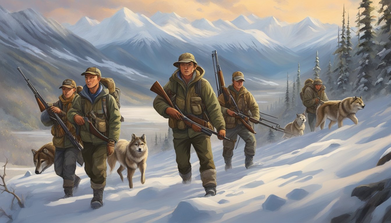 A group of young hunters in Alaska, equipped with rifles and dressed in hunting gear, are accompanied by adult supervisors. They are navigating through the rugged terrain of the Alaskan wilderness, with snow-capped mountains in the background