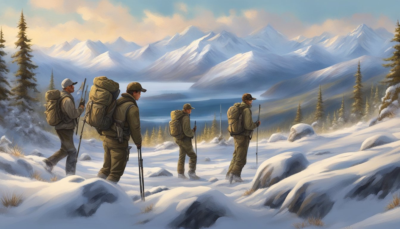 A group of young hunters in Alaska, surrounded by snow-capped mountains, tracking their prey in the vast wilderness