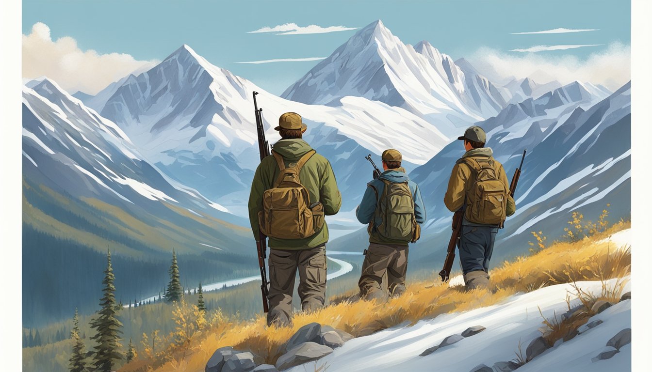 A group of young hunters trek through the Alaskan wilderness, rifles slung over their shoulders, scanning the horizon for game. The snow-capped mountains loom in the background as they seek out their hunting opportunities