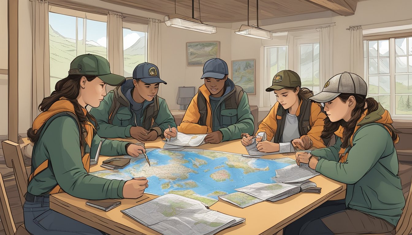 A group of young volunteers gather around a table filled with educational resources and maps of hunting areas in Alaska. They are discussing opportunities to participate in youth hunting programs