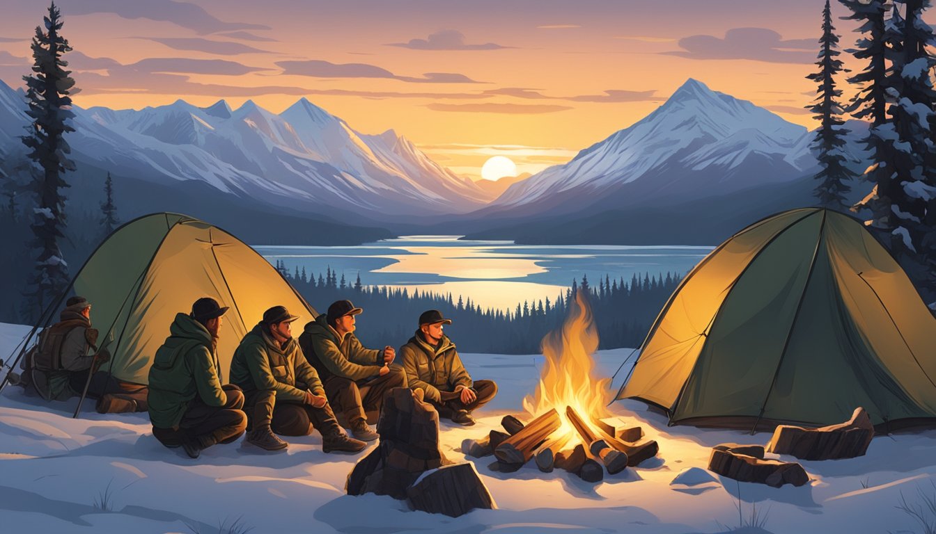 A group of young hunters gather around a campfire in the Alaskan wilderness, preparing for a day of outdoor activities. The sun rises over snow-capped mountains in the distance