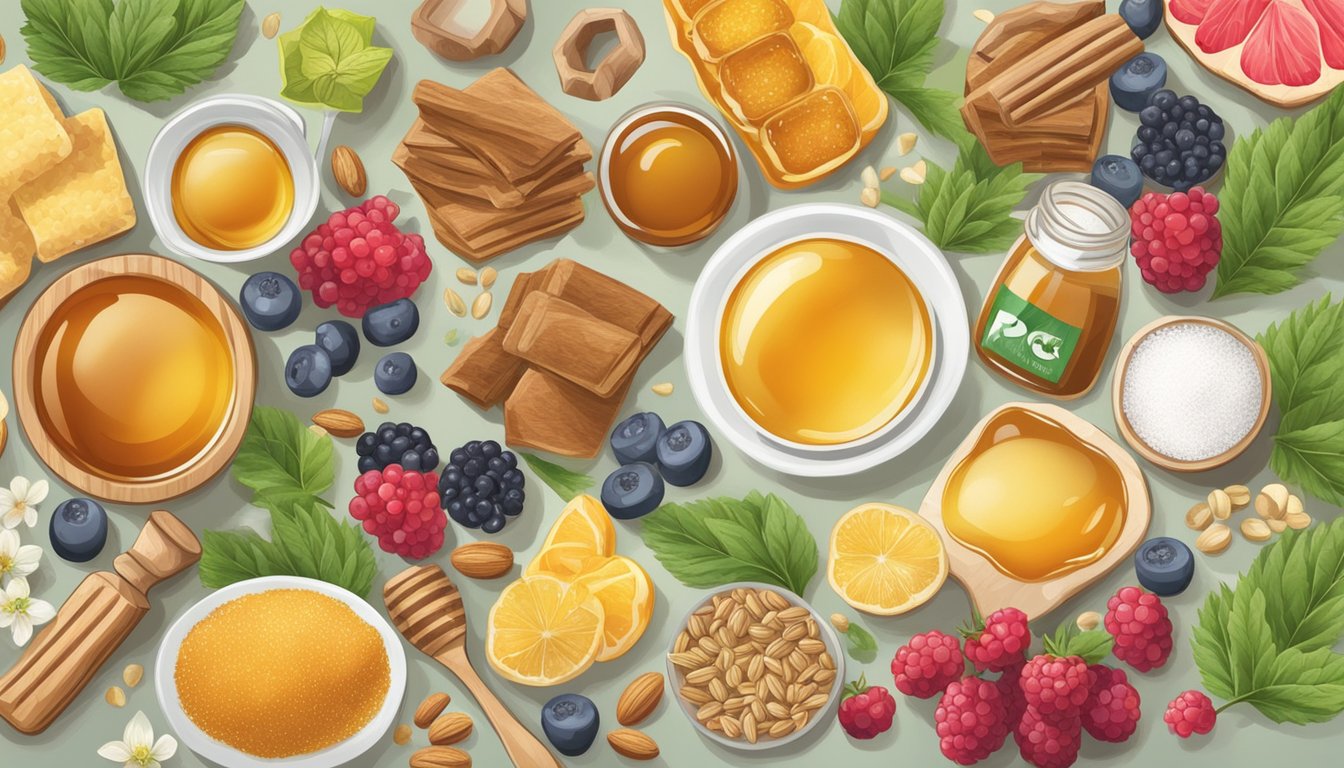 A table with various natural sweeteners (honey, stevia, agave) and PCOS-friendly foods (berries, nuts) arranged for a PCOS educational illustration