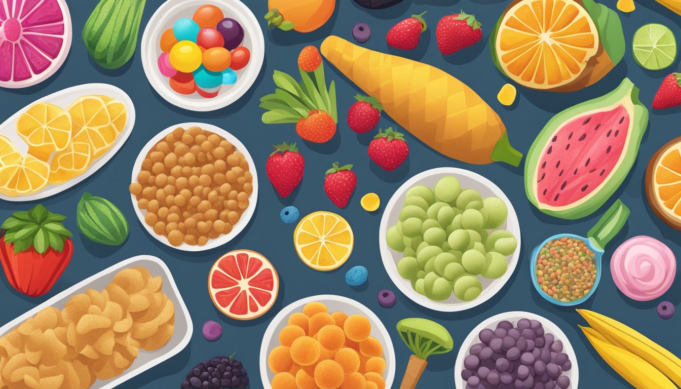 A colorful array of sugary treats from around the world displayed on a table, surrounded by various fruits and vegetables